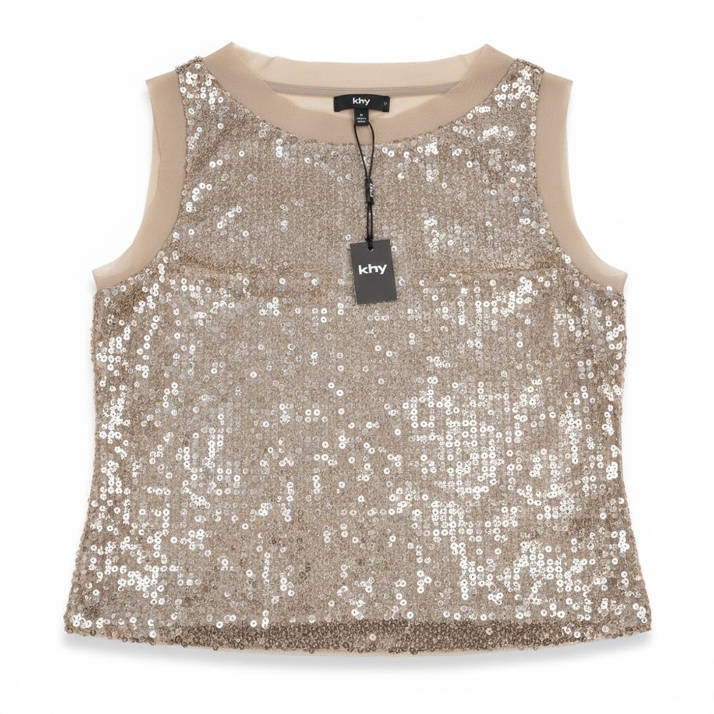NWT Khy Champagne Gold Sequin Tank Top Size M Boatneck Evening Party Top